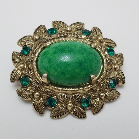 Vtg West Germany Green Cabochon Glass & Rhinestone Goldtone Floral Pin Brooch - Picture 1 of 7